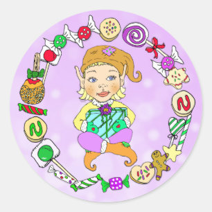 Sticker Rond Noël lunatique de fête tiré par la main Elf et