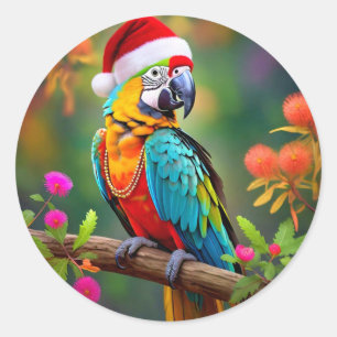 Sticker Rond Noël Macaw Porté Un Chapeau De Père Noël-56485
