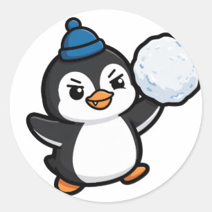 Sticker Rond Noël Manchot Boule de Neige