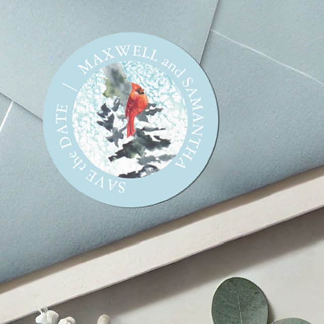 Sticker Rond Noël Mariage rustique (Envelope seal watercolor winter snow and pine trees with cardinal save the date personalized)
