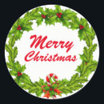 Sticker Rond Noël Merry Christmas<br><div class="desc">Noël,  Merry Christmas a des autocollants,  Holly Ilex with red berries. Palmiers à baies rouges,  Green de Noël,  Red colors</div>