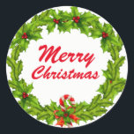 Sticker Rond Noël Merry Christmas<br><div class="desc">Noël,  Merry Christmas a des autocollants,  Holly Ilex with red berries. Palmiers à baies rouges,  Green de Noël,  Red colors</div>