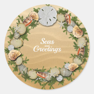 Sticker Rond Noël Mers et salutations Étoiles de mer Coquillage