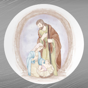 Sticker Rond Noël Nativité Jésus Mary Joseph Aquarelle