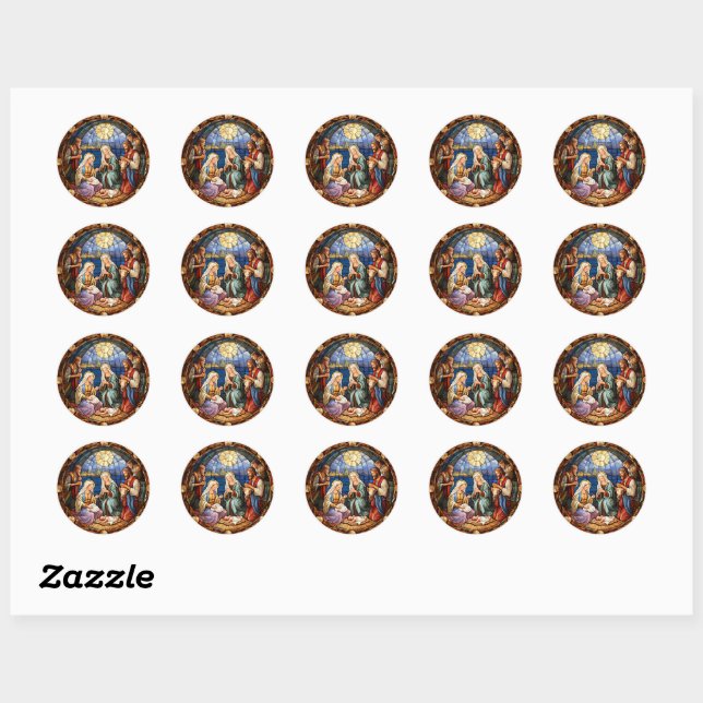 Sticker Rond Noël Nativité Vitrail Look (Feuille)