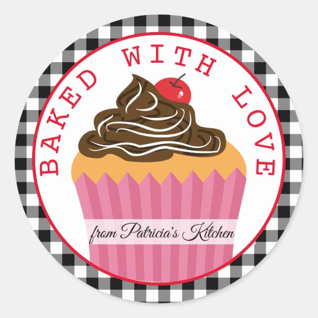 Sticker Rond Noël Noir Et Blanc Plaid Cuit Avec Amour (Devant)