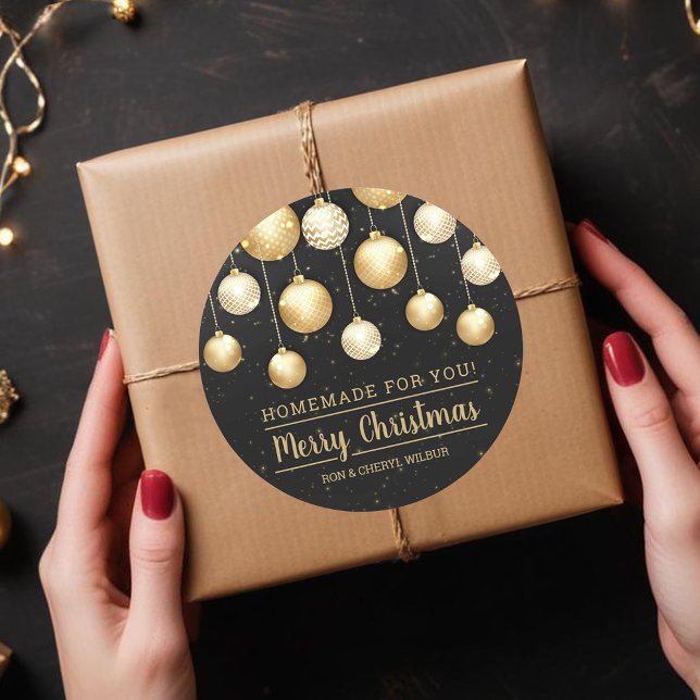 Sticker Rond Noël noir et or fait maison pour vous (Black and Gold Christmas Tree Ornaments on Handmade For You  Round Stickers)