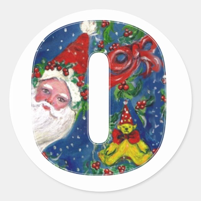 STICKER ROND NOËL O LETTRE / SANTA CLAUS AVEC RIBBON ROUGE (Devant)