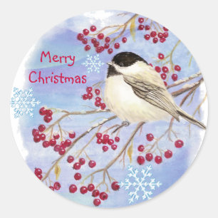 Sticker Rond Noël, oiseau de Chickadee d'hiver