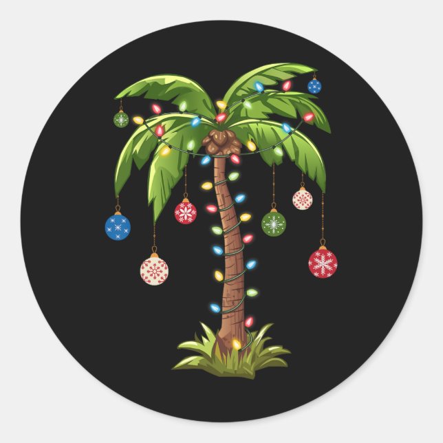 Sticker Rond Noël Palm Tree Lumière Hawaï Tropical Noël (Devant)
