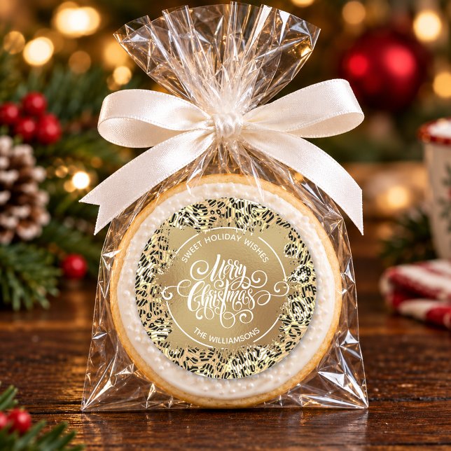 Sticker Rond Noël Pâtisserie Maison Fête Léopard (Merry Christmas on leopard print homemade holiday baking stickers, 3" or 1-1/2")