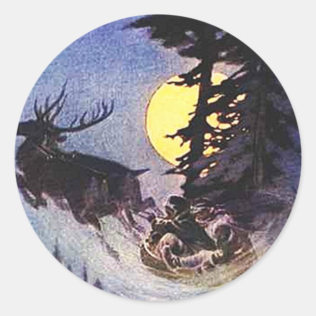 Sticker Rond Noël Père Noël Deux Reindeer Forêt Enveloppement C (Devant)
