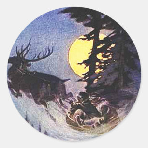 Sticker Rond Noël Père Noël Deux Reindeer Forêt Enveloppement C