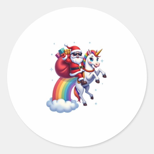 Sticker Rond Noël Père Noël équitation Unicorne Xmas filles fem (Devant)