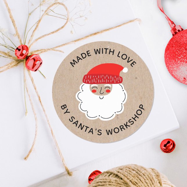 Sticker Rond Noël Père Noël Fabriqué avec amour Livraison spéci (A cute Santa's workshop sticker for decorating your Christmas packages)