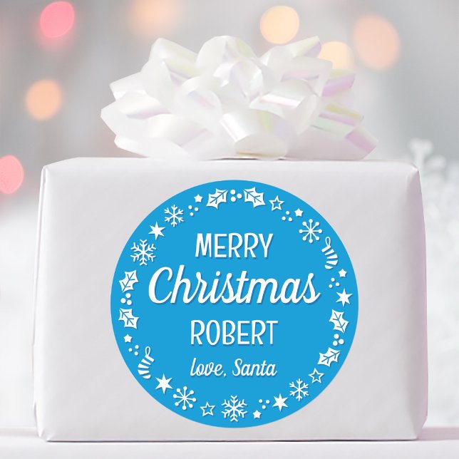 Sticker Rond Noël Père Noël Nom personnalisé bleu (Créateur téléchargé)