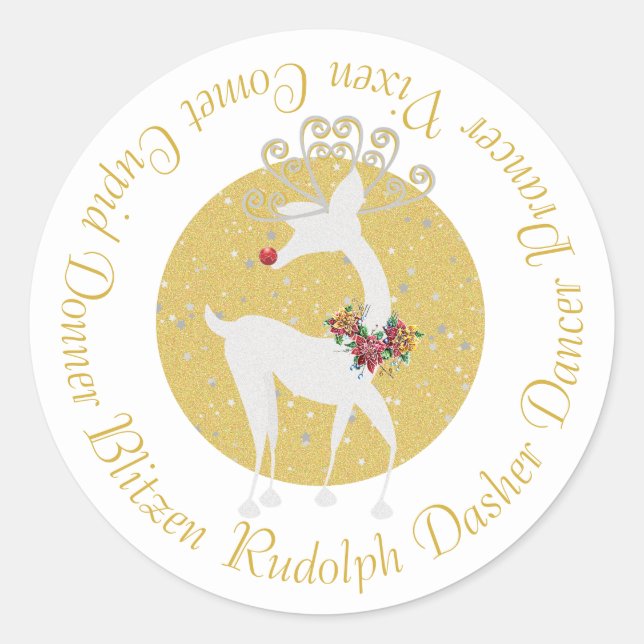 Sticker Rond Noël Père Noël Reindeer Rudolph Poinsettia (Devant)