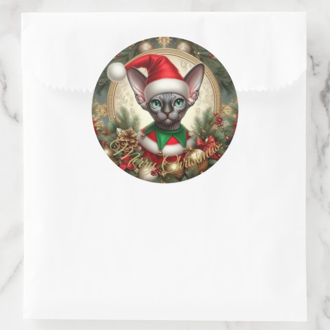 Sticker Rond Noël personnalisé elf Sphynx cadeau chat Noël (Sac)