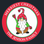 Sticker Rond Noël personnalisé Gnome Merriest Christmas<br><div class="desc">Caricature dessinée à la main adorable gnome de Noël les plus beaux autocollants. Ajoutez simplement votre nom de famille dans la zone personnalisée.</div>