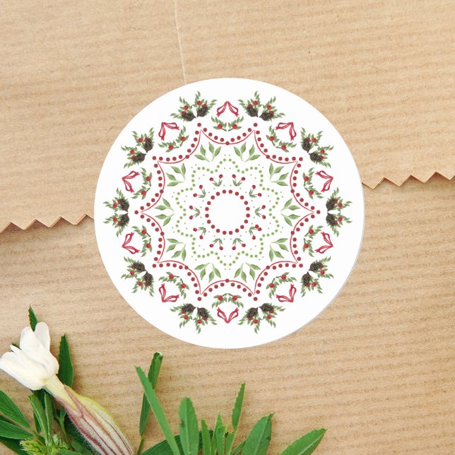 Sticker Rond Noël Pinecones Mandala Pine Branches (Christmas cute simple mandala minimalist minimal.)