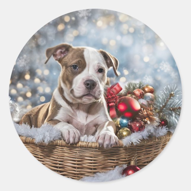 Sticker Rond Noël Pitbull Puppy (Devant)
