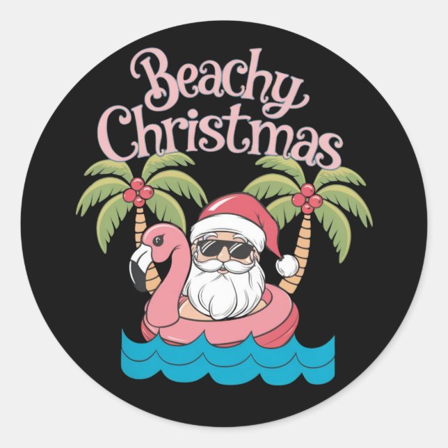 Sticker Rond Noël Plage Tropicale Vacances Santa Plage  (Devant)