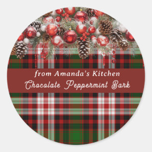 Sticker Rond Noël Plaid Rouge Ornements Pine Cônes Neige