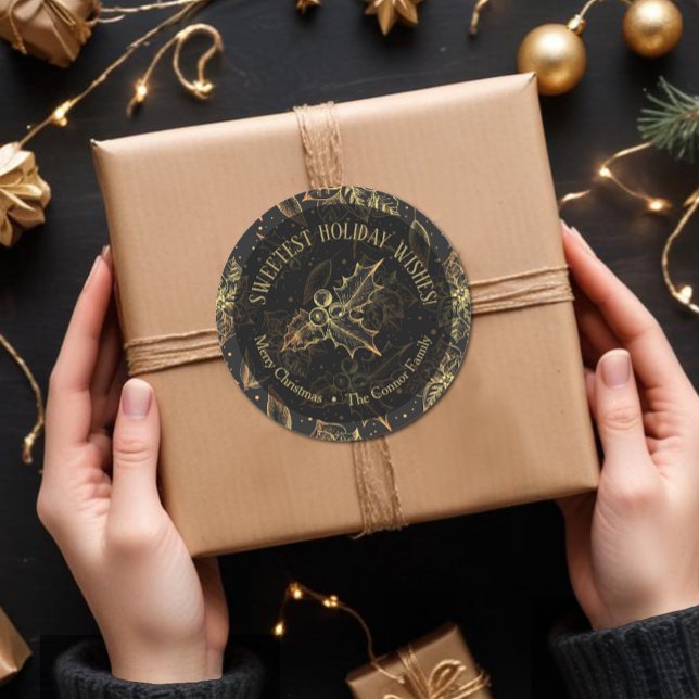 Sticker Rond Noël Poinsettia Alimentation maison Vacances (Christmas black and gold poinsettia, holly, berries, sweetest holiday wishes stickers)