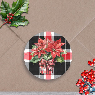 Sticker Rond Noël Poinsettia Aquarelle Festive Fête