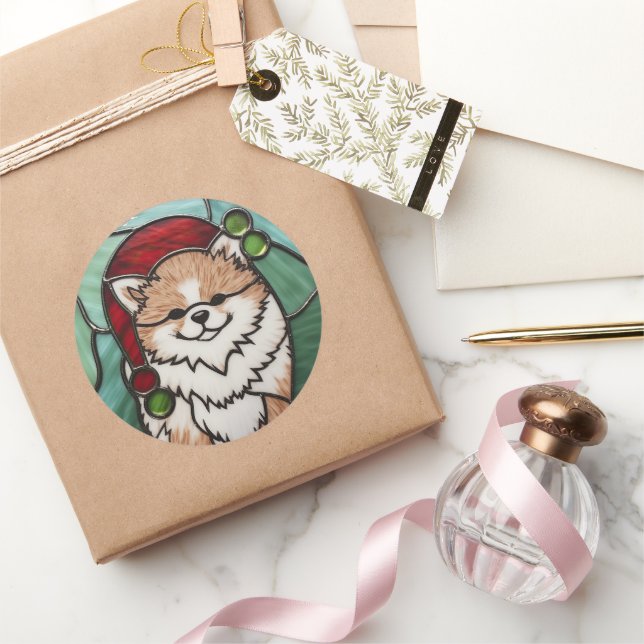 Sticker Rond Noël Poméranien en verre teint (Cadeaux)