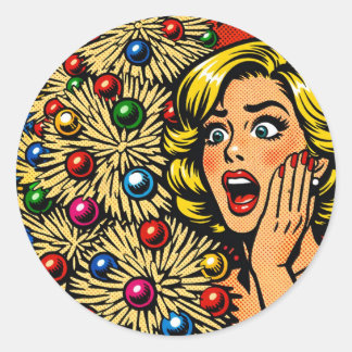 Sticker Rond Noël Pop Art, expression choquée, arbre funky