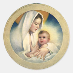 Sticker Rond Noël religieux vintage, Madone et Enfant