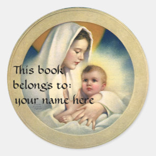 Sticker Rond Noël religieux vintage, Madone et Enfant