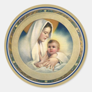 Sticker Rond Noël religieux vintage, Madone et Enfant