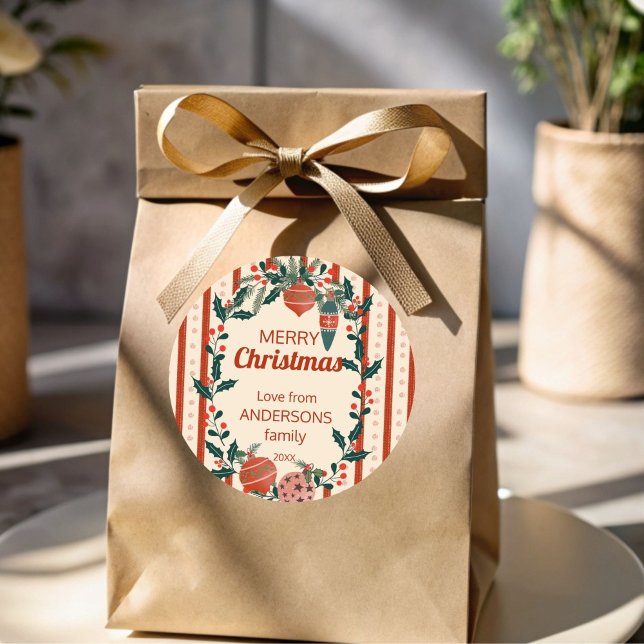 Sticker Rond Noël rétro rayures grand millentenaire coutume (Christmas retro nostalgia stripes grand millennial personalized Merry Christmas gift stickers)