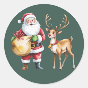 Sticker Rond Noël rétro Xmas Renne Fêtes vintage