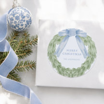 Noël Rond Ruban Bleu Aquarelle Verdure