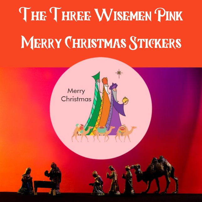 Sticker Rond Noël rose des Trois Sages (The Three Wisemen Pink Christmas Classic Round Sticker)