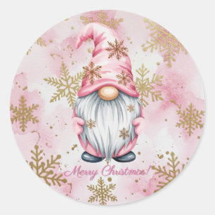 Sticker Rond Noël Rose Gnome Flocons d'Or