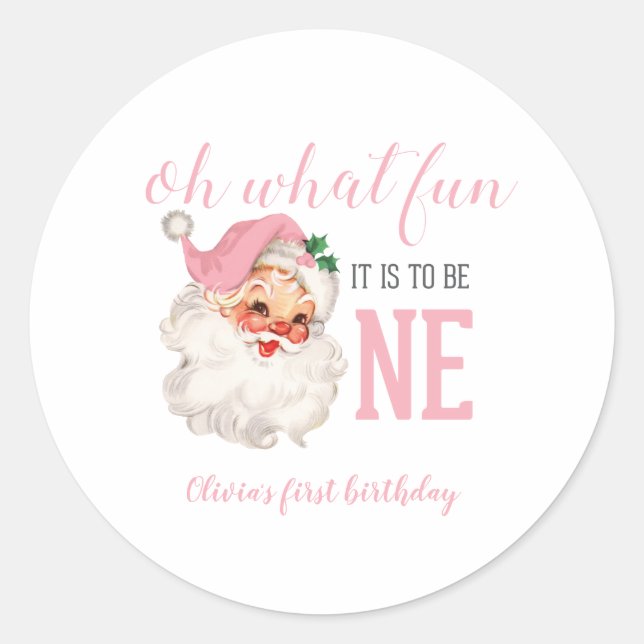 Sticker Rond Noël rose Père Noël premier anniversaire (Devant)
