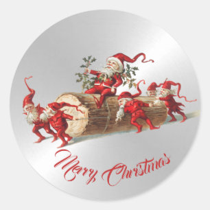 Sticker Rond Noël Rouge Elfes Beau Argent