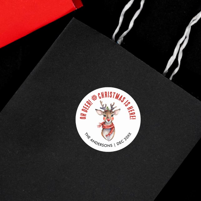 Sticker Rond Noël Rouge Et Blanc Très Mignons Rudolph Reindeer (Créateur téléchargé)