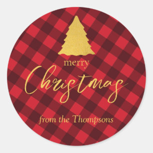 Sticker Rond Noël Rouge et noir Buffalo Plaid Xmas Tree Tags