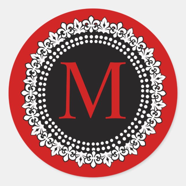 Sticker Rond Noël Rouge Monogramme M Fleur de lis Mariage (Devant)