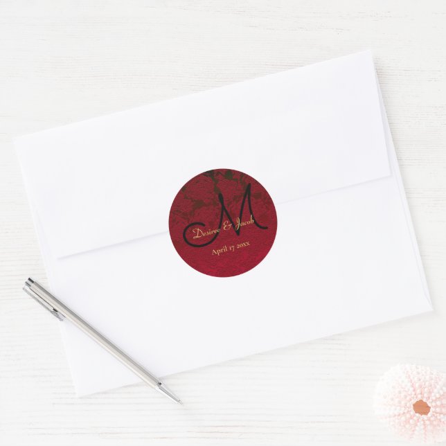 Sticker Rond Noël Rouge Or Noir Mariage d'hiver Monogramme (Enveloppe)