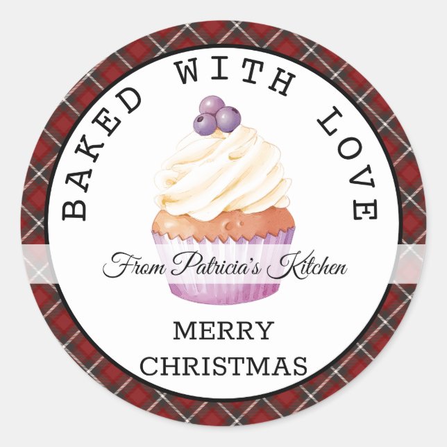 Sticker Rond Noël Rouge Plaid Cuit Avec Des Cupcakes Amoureux (Devant)