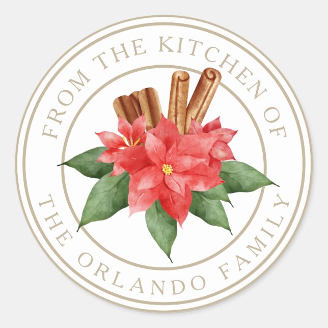Sticker Rond Noël Rouge Poinsettia de Kichen Blanc (Devant)