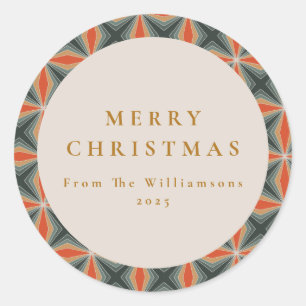 Sticker Rond Noël Rouge Vert Mi-Siècle Étoiles Personnalisé