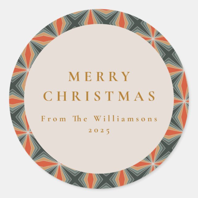 Sticker Rond Noël Rouge Vert Mi-Siècle Étoiles Personnalisé (Devant)