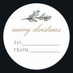 Sticker Rond NOEL Rustic Winter Pine to From Christmas Cadeau<br><div class="desc">Cet autocollant cadeau de et vers comporte des branches rustiques de pin aquarelle et une élégante police de script doré. Cet autocollant cadeau de vacances est parfait pour les cadeaux de vacances! Ajoutez à vos forfaits favoris à vos amis,  voisins et proches.</div>